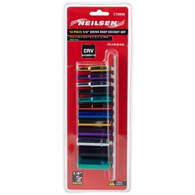 Image of neilsen CT0906 1/4 Inch Deep Socket Set Drive Plus Wall Rail Multi Colour (12 Piece)