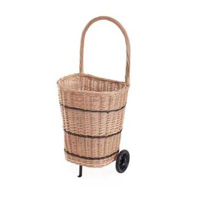 Image of e wicker24 Wicker Log Basket on Wheels with Handle Wheeled Trolley Vintage Baskets for Wood Natural Shopping Large Capacity Lightweight Carrier