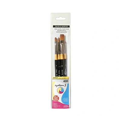 Image of Daler Rowney System3 Synthetic Hair Short Handle Acrylic Brush Wallet Set, 4 Assorted Brushes, Ideal for Professional Artists &amp; Students