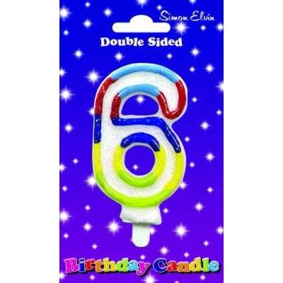 Image of candle Birthday number 6 Glittered, White glittery with a light blue, red, dark blue purple, yellow and green outline
