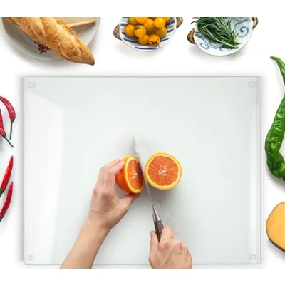 Image of Kitchenville Glass Chopping Board, 50x40cm: Durable, Hygienic Tempered Worktop Saver, Heat Proof, Clear