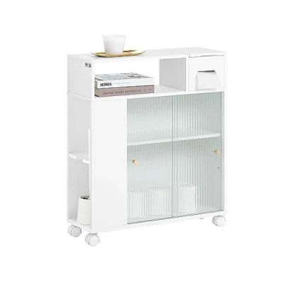 Image of SoBuy BZR117 W, Narrow Bathroom Cabinet Storage with 2 Sliding Glass Doors, Toilet Paper Roll Holder on Wheels