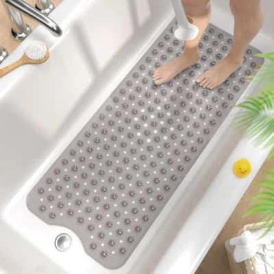 Image of HITSLAM Non Slip Bath Mat for Tub, 101 x 40cm Extra Long Shower Anti Mould, Machine Washable Bathroom Bathtub with Suction Cups and Drain Holes, Soft on Feet, Clear Grey
