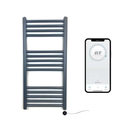 Image of Greened House Anthracite Electric Smart WiFi Controlled Heated Towel Rail 400mm W x 800mm H Flat 7 Day Programmable Timer App Compatibility