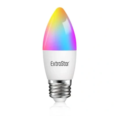Image of EXTRASTAR E27 Smart Bulb, Alexa Light WiFi LED Candle Bulbs C37, 6W 600lm, RGB Color Dimmable Multicolor + Warm or White Light, Compatible with and Google Home, 1 Count