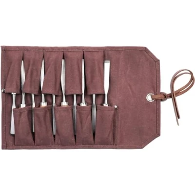 Image of Heavy Duty Waxed Canvas Chisel Roll Bag, Multi function Tool Bag with 10 Staggered Pockets, Leather Rope