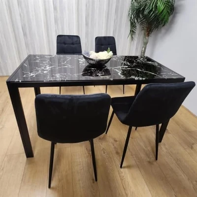 Image of KOSY KOALA Dining Table and 4 Chairs Black Marble Effect Glass Velvet Room Furniture
