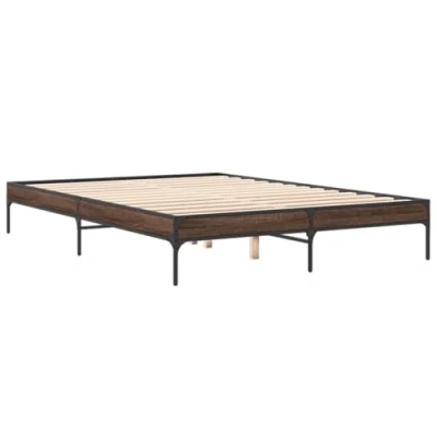 Image of vidaXL Brown Oak Engineered Wood and Metal King Bed Frame 150x200 cm with Plywood Slats, Legs, Modern Bedroom Furniture