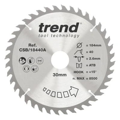 Image of Trend Wood Circular Saw Blade, 184mm Diameter, 30mm Bore, 40 Teeth, TCT, 2.6mm Kerf, +15 Hook, CSB/18440A