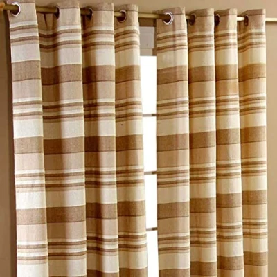Image of HOMESCAPES Beige Eyelet Curtain Pair 167cm (66&quot;) Wide x 228cm (90&quot;) Drop Morocco Stripe Design Ring Top