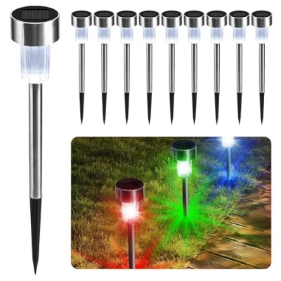 Image of CUQOO Solar Garden Stake Lights 10pcs Colour Changing LED Waterproof Rechargeable Stainless Steel for Pathway Lighting Outdoor (Multi Color)