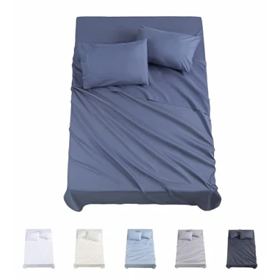 Image of Todocama Set of 4 Sheets 3001 Fitted Sheet Top Two Pillowcases 50 x 80 cm (Bed 90 190/200 cm, Greyish Blue)