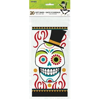 Image of Unique Party 49177 Cellophane Day of the Dead Halloween Bags, Pack 20