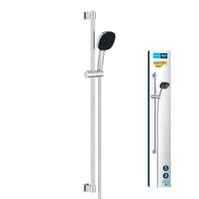 Image of GROHE Vitalio Comfort 110 Shower Set (Square 11 cm Hand 3 Sprays: Rain, Jet and Massage, Hose 1.75 m, Rail 90 cm, Water Saving), Easy to Fit with QuickGlue, Chrome, 26932001