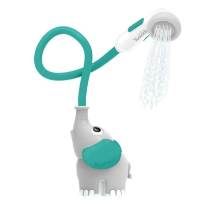 Image of Yookidoo Baby Bath Shower Head Elephant Water Pump with Trunk Spout Rinser Control Flow from 2 Knobs in Tub or Sink for Infants and Newborn Babies (Grey Forest Green)