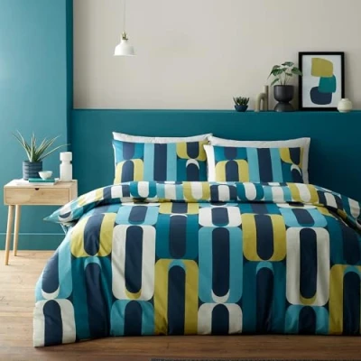 Image of Fusion 70s Retro Shapes Blue Duvet Cover Single Bedding Size (140 x 200cm) Funky Hula Hoops Bed Set Easy Care &amp; Washable w/Geometric Circle Print Vector Inspired