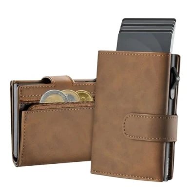 Image of Card Holder Mens Wallet RFID Blocking Leather Minimalist Smart Pop Up with Zipper Coin Pocket, Trifold Credit Holders Wallet, Magnetic Closure, Holds to 12 Cards, 2 ID Window