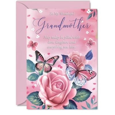 Image of Grandmother Birthday Card Pink Rose Butterfly Beautiful Happy for from Granddaughter Grandson, A5 Female Floral Bday Mothers Day Greeting Cards