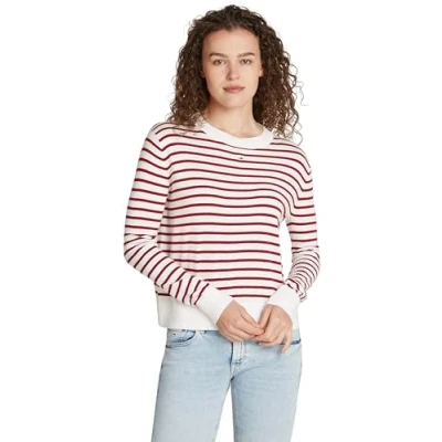 Image of Tommy Jeans Women&#039;s Tjw Essential Crew Neck Sweater Dw0dw17254 Pullovers, Red (Red / White Stripe), M