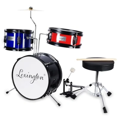 Image of Lexington Children&#039;s Drums Set of 3 with Snare, Tom, Bass Drum, Drum Pedal, Throne, Cymbals, Drumsticks, Black, Blue, Red