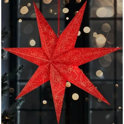 Image of BRUBAKER 23.6 inches (60 cm) Christmas Star for Indoor Hanging LED Advent Light Window and Decoration Illuminable with Battery 3D Paper Deco Red