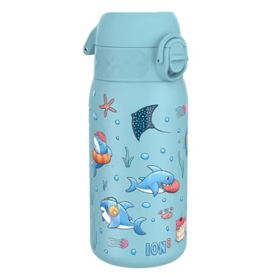 Image of Ion8 Stainless Steel Water Bottle (350ml) Leakproof Drinking Bottle, Triple Lock Lid Prevent Spills &amp; Hide Away Handle, Dishwasher Safe Straw Compatible, Slimline Design for Backpacks, Sharks