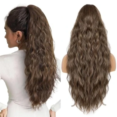 Image of 26 Inch Ponytail Extension, Long Wavy Hair Extensions, Synthetic Pieces for Women, Soft Natural Pony Tails Drawstring Extension Daily Use (Brown Mixed Honey Blonde)