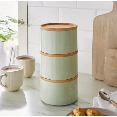 Image of Bloomingtons Direct Stackable Kitchen Storage Canisters, Sage 3pk Tea, Coffee, Sugar Metal Stacking Canisters Tins, Matte Finish Wooden Airtight Lids
