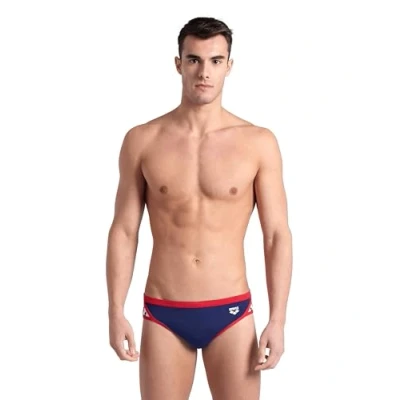 Image of Arena Men&#039;s Performance Icons Solid Swim Briefs, Navy/Red, 26