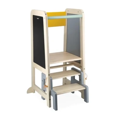 Image of Janod Wooden Observation Tower 2 Adjustable Heights 1 Removable Step, Blackboard, Chalks, Brush 18 Months +, J09640