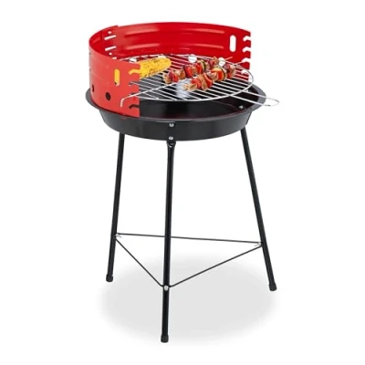 Image of Relaxdays Charcoal Barbecue, Ø 37 cm, Tripod Stand, Round Grill, for Picnic, Garden &amp; Park, with Wind Block, Black/Red, Steel