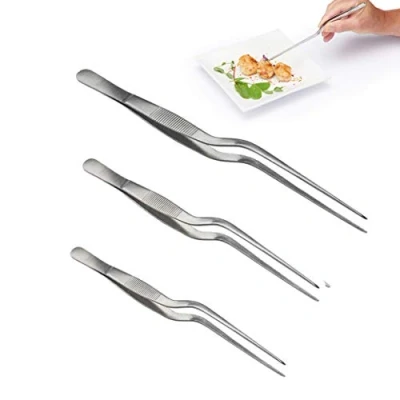Image of 3Pcs Stainless Steel Precision Kitchen Chef Tongs,Offset Tweezers for Food Cooking,Culinary,Plates Garnish,Cake Decorating and Tissue Culture,Lengths: 14cm,16cm 20cm