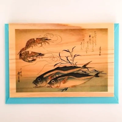 Image of Wooden Blank Greeting Card [Series: Hiroshige] Spiny Lobster &amp; Prawn from the series Uozukushi