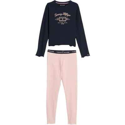 Image of Tommy Hilfiger Girl&#039;s Ls Pj Legging Set Ug0ug00763 Set, Blue (Soft Rose/Desert Sky), 14 16 Years