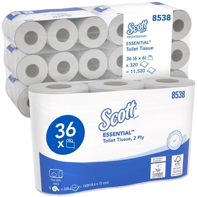 Image of Scott Essential Standard Size Toilet Roll 8538 2 Ply Paper 36 Rolls x 320 White Tissue Sheets (11,520 Total)