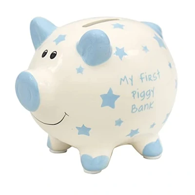 Image of &#039;My First Piggy Bank&#039; Money Box White with Stars 12cm Blue 3819