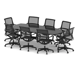 Image of High Gloss 2400mm Writable Boardroom Table Black + 8 Mesh Chairs