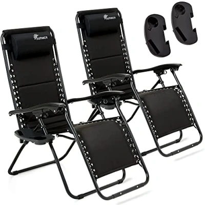 Image of SUNMER Set of 2 Sun Lounger Padded Garden Chairs With Cup And Phone Holder Adjustable Headrest Deck Folding Recliner Zero Gravity Outdoor Chair Black