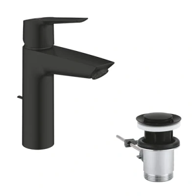 Image of GROHE Start QuickFix Single Lever Basin Mixer with Pop Up Waste Wet (M Size 192mm, 28 mm Ceramic Cartridge, Water Saving, Tails 3/8 Inch, Easy to Fit QuickTool), Matt Black, 234552432