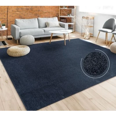 Image of Paco Home Living Room Rug Plain Simple and Modern Short Pile, Various Sizes colours, Size:80x150 cm, Colour:Navy blue
