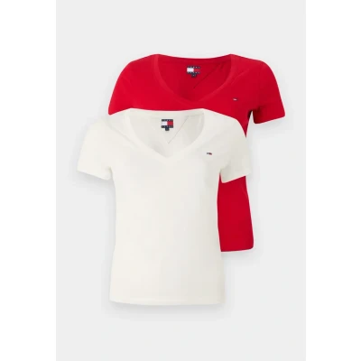 Image of Tommy Jeans Womens Tjw 2pack V Neck Tee Dw0dw21367 S/S T Shirt, Multi (Ecru/Sapphire Red), L UK