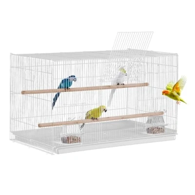 Image of VEVOR Bird Cage, 18 in, Small Parakeet Sturdy Metal Flight Travel Birdcage with 2 Perches &amp; Feeding Cups, Parrot Cage for Canaries Lovebirds Cockatiels Budgie Pet Toy, White