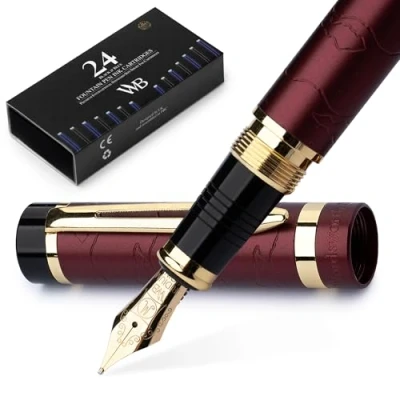 Image of Wordsworth &amp; Black Primori Fountain Pen Set [Red Gold]; Medium Nib, Gift Case, 24 Ink Cartridges, Refill Converter, Manual; Journaling, Calligraphy, Smooth Writing Pens; Left and Right Handed