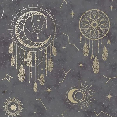Image of Dreamcatcher Black Gold Wallpaper Metallic Stars Constellation Space Feathers Kids Bedroom Nursery Modern (13330)