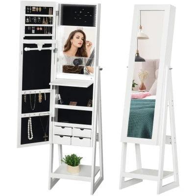 Image of HOMCOM Jewellery Cabinet, Standing Mirror with LED Lights, Full Length Storage Drawers, Hooks and Shelves, Make Up Armoire, Organiser for Bedroom, White