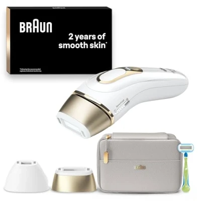 Image of Braun IPL Silk Expert Pro 5, Visible Permanent Hair Removal For Women &amp; Men With Venus Razor and Precision Head, Premium Pouch, Alternative Laser Removal, PL5124, White/Gold