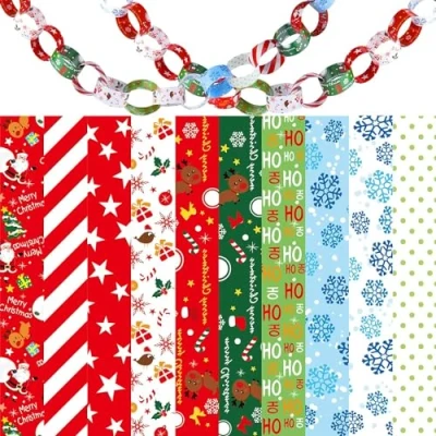 Image of SKYTE® 80 Christmas Paper Chains 4 Different Designs, Ho Ho, Santa, Snowman Metallic XP0214