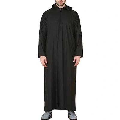 Image of Mens Hooded Thobe Hood Jubba Nehru Stand Collar Islamic Clothing Muslim Kaftan Robe Saudi Slim Regular Fit Black S 52