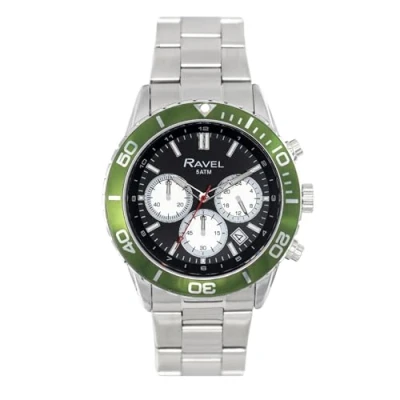 Image of Ravel Plus Men&#039;s 42mm Silver Tone Chronograph Sports Watch with Uni Directional Rotating Bezel 5ATM Japanese Analogue Quartz RP.CHR 009MB Stainless Steel/Green