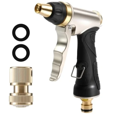 Image of Hose Spray Gun, Garden Nozzles &amp; Guns with Full Brass Nozzle, Non Slip Grip, 4 Patterns Water Gun Sprinkler, High Pressure Nozzle for Plants Watering, Cleaning, Car Washing Metallic